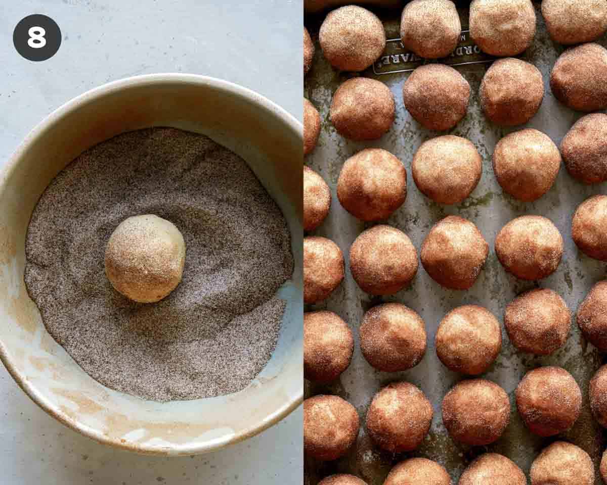 Snickerdoodle dough being rolled in cinnamon sugar. 