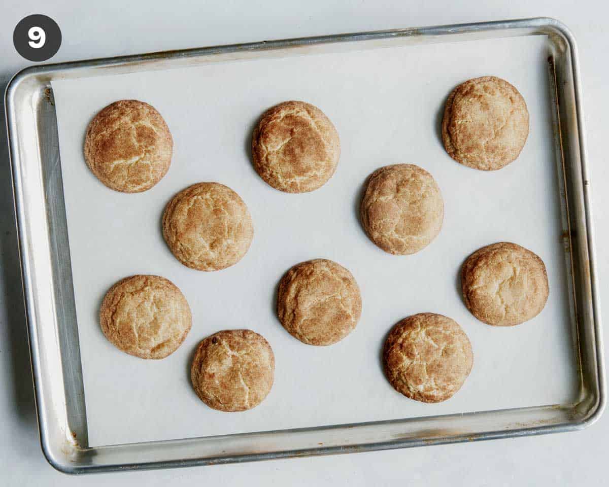Snickerdoodle cookies baked on a baking sheet. 