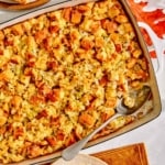 Herb stuffing recipe in a baking dish.