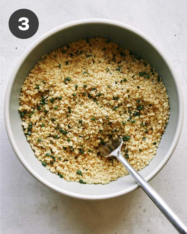 Breadcrumbs in a bowl for air fryer chicken tenders.