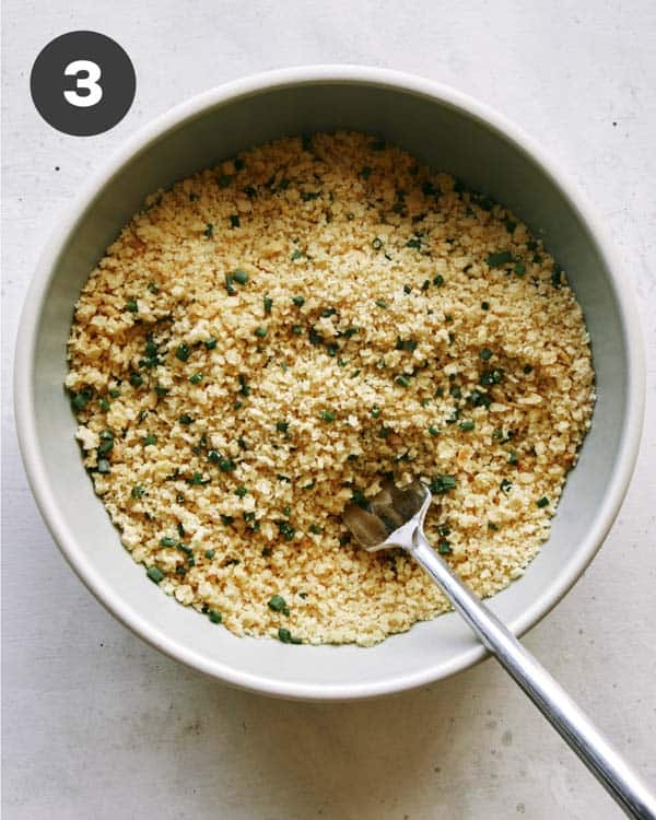 Breadcrumbs in a bowl for air fryer chicken tenders. 