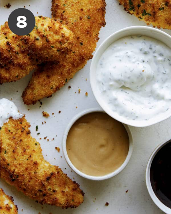 Air fryer chicken tender recipe with dipping sauces.