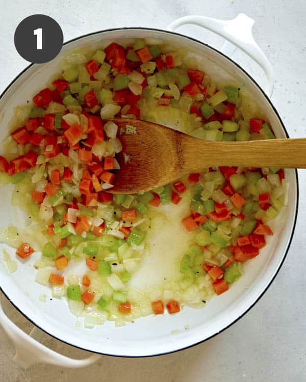 Vegetables cooking in a pot.