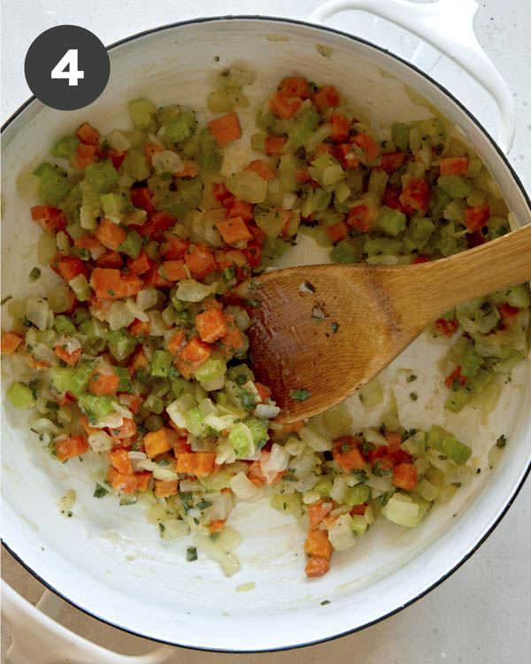 Flour with vegetables in a pot. 