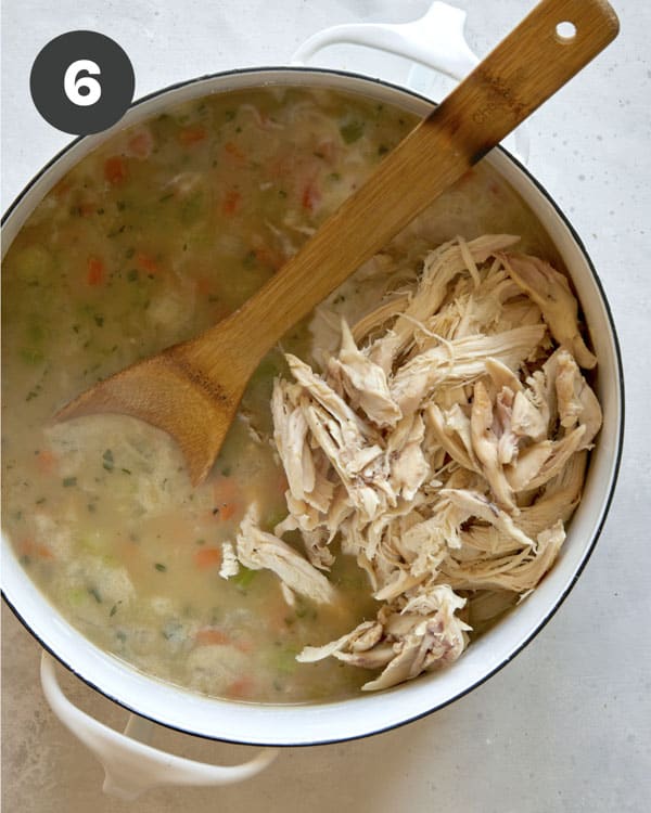 Chicken and gnocchi soup in a pot.