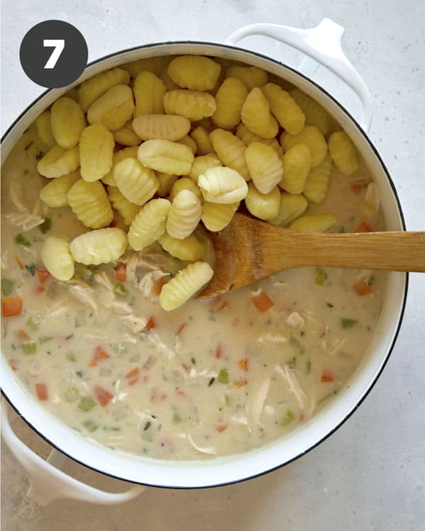 Chicken and gnocchi soup recipe in a pot. 