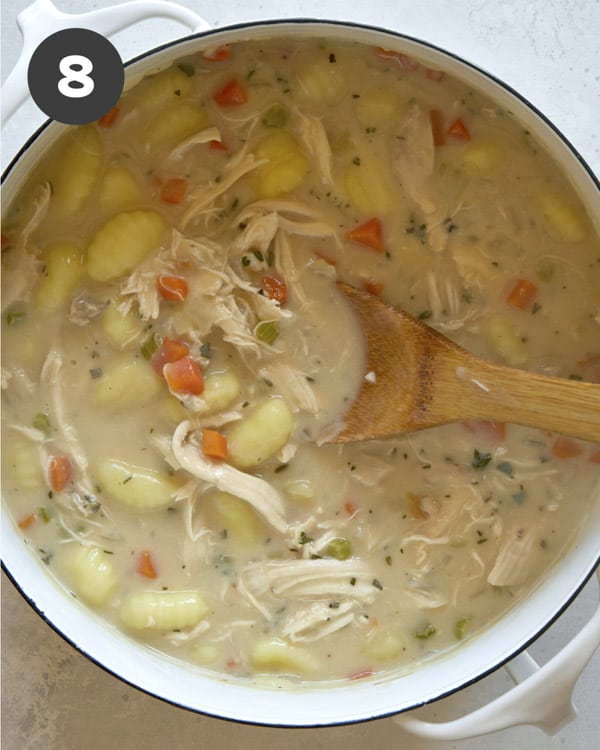Chicken and gnocchi soup in a pot.