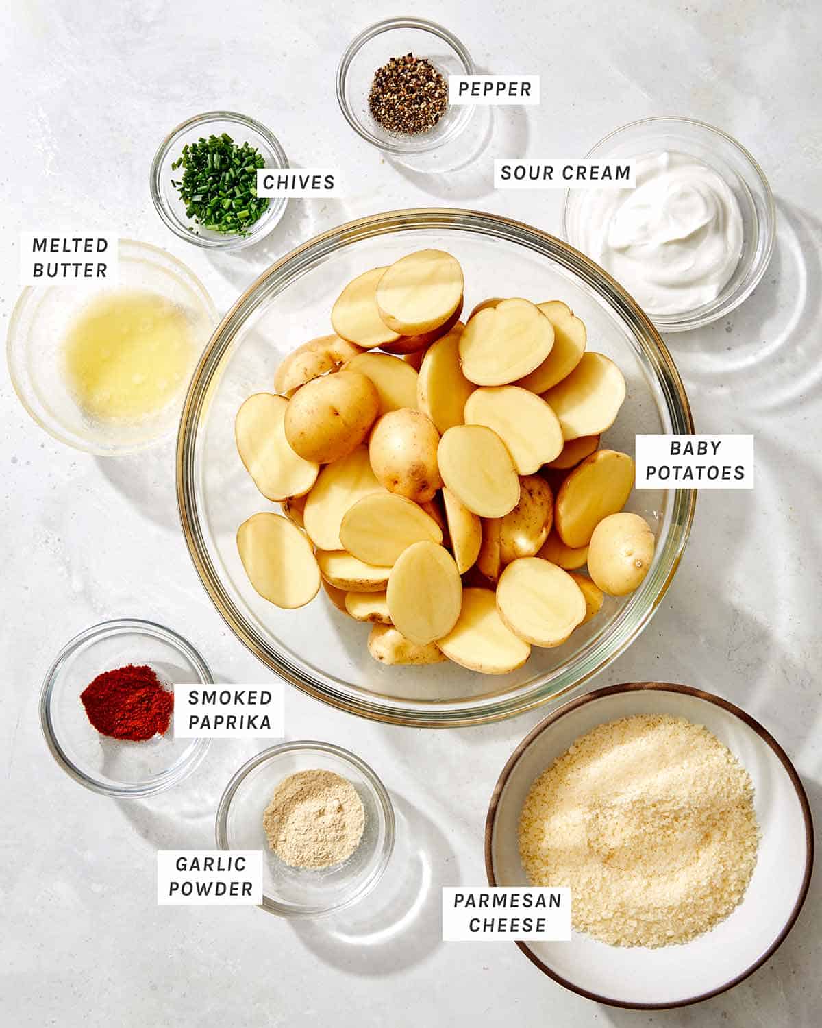Ingredients to make crispy parmesan potatoes. 