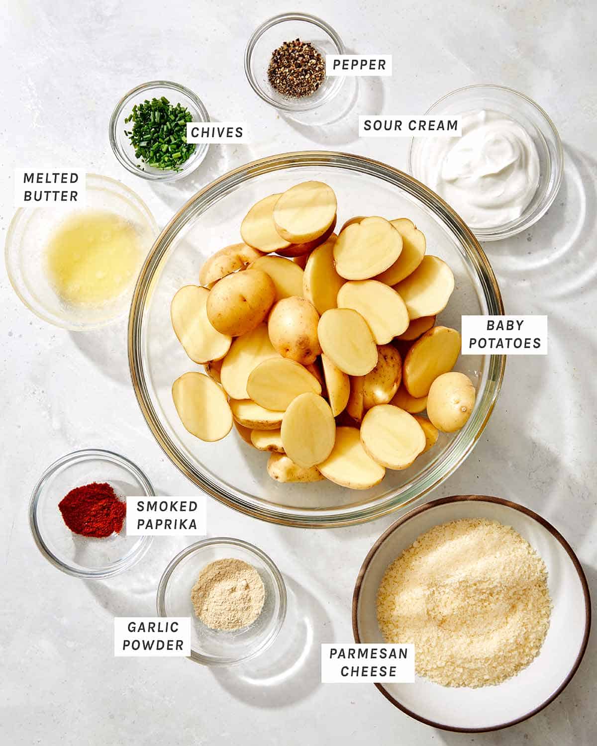 Ingredients to make crispy parmesan potatoes.