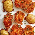 Crispy parmesan potatoes sprinkled with chives.