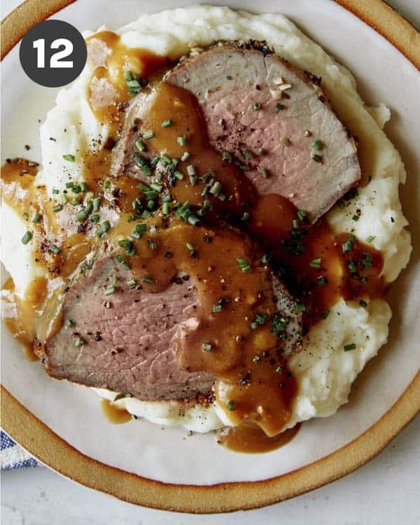 Roast beef recipe on a plate.