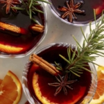 Mulled wine in three glasses overhead.