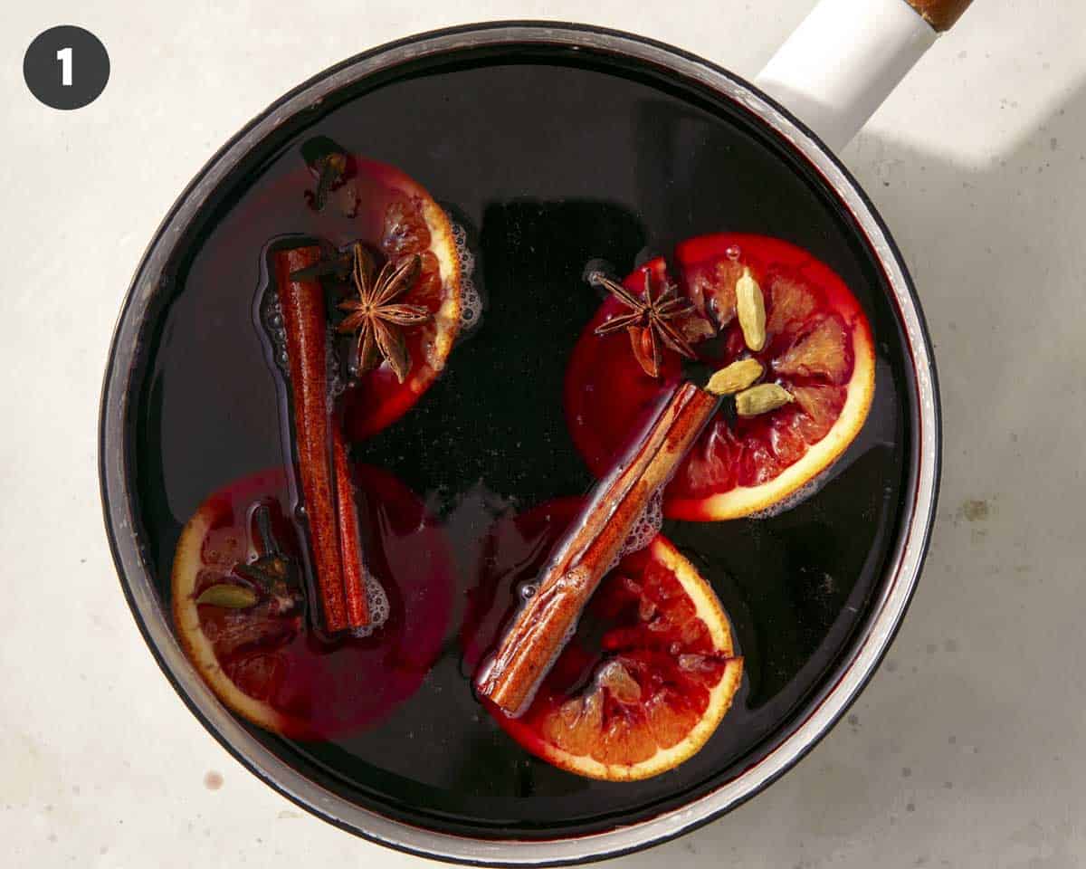 Mulled wine in a pot ready to be simmered.