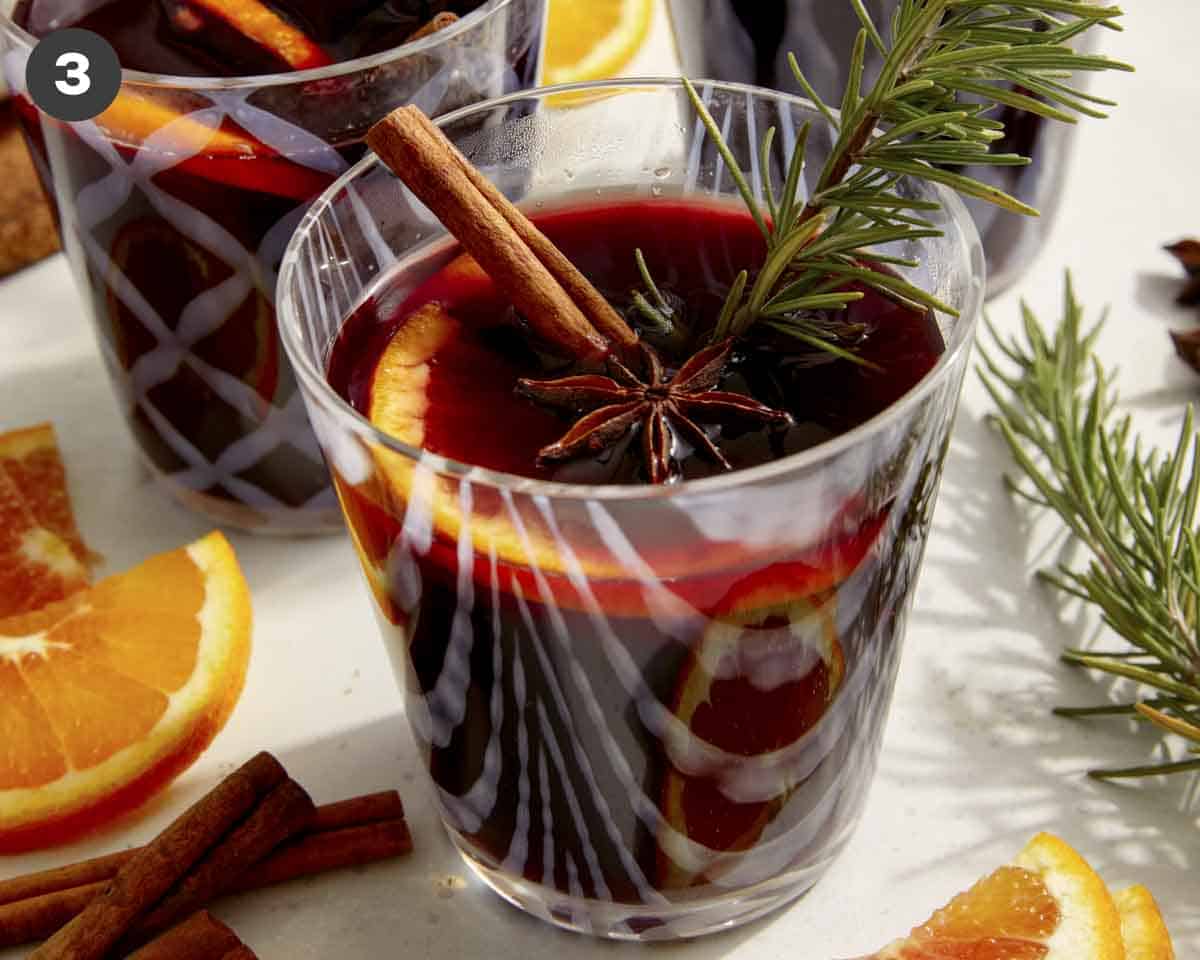 Mulled wine in glasses to be served.