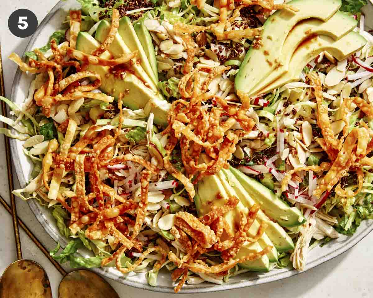 Sesame ginger chicken salad made on a platter.