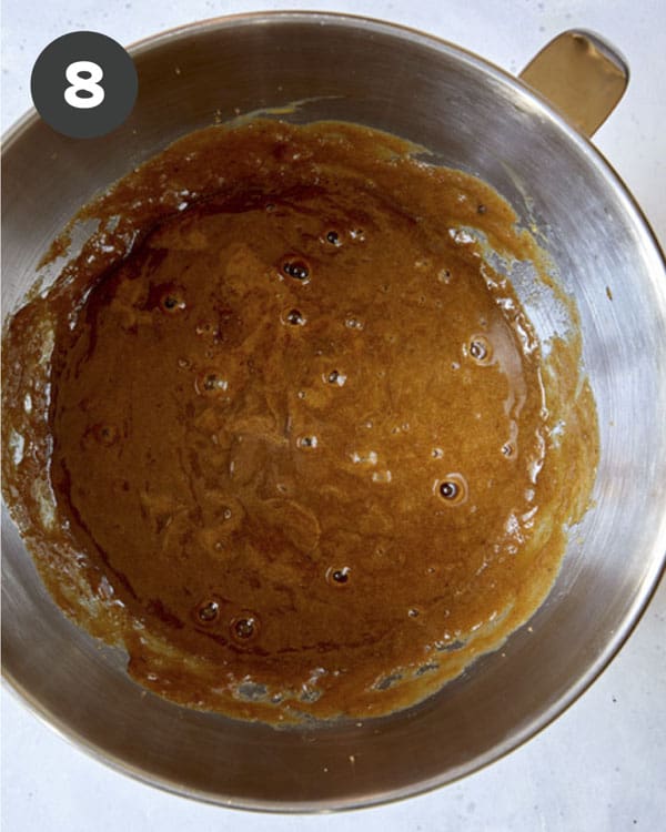 Dates and batter in a bowl for sticky toffee pudding.