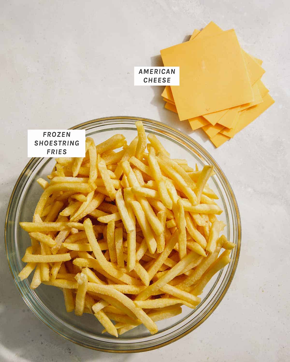 Animal style fries assembly ingredients. 
