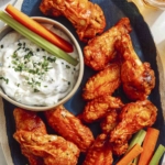 Air fryer buffalo wings on a platter with beer on the side.