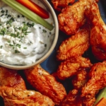 Close up on air fryer buffalo wings with a dipping sauce.