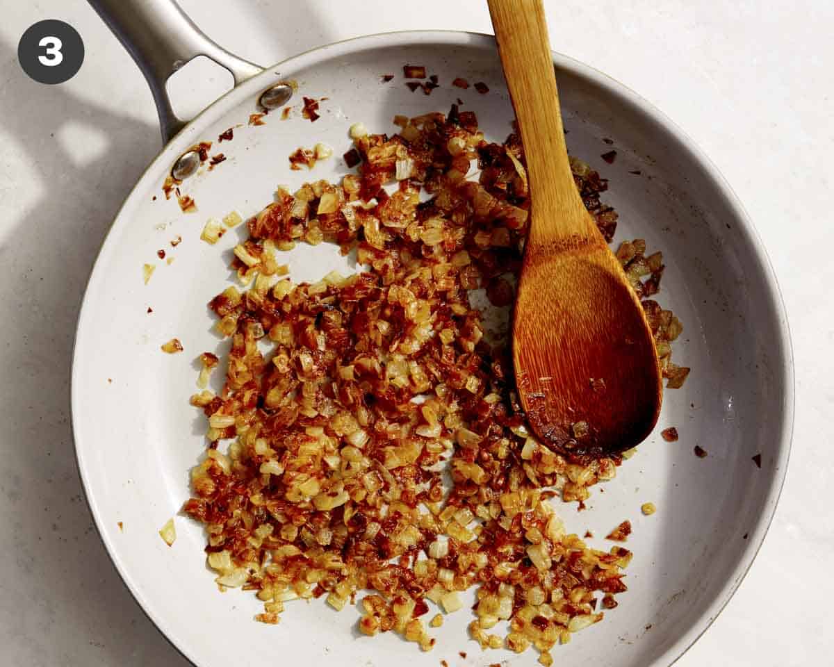 Caramelized onions in a skillet.