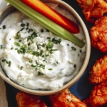 Homemade blue cheese dressing recipe in a bowl on a platter.