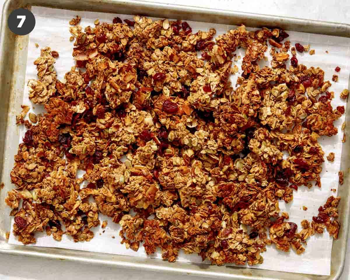 Homemade granola recipe on a baking sheet.