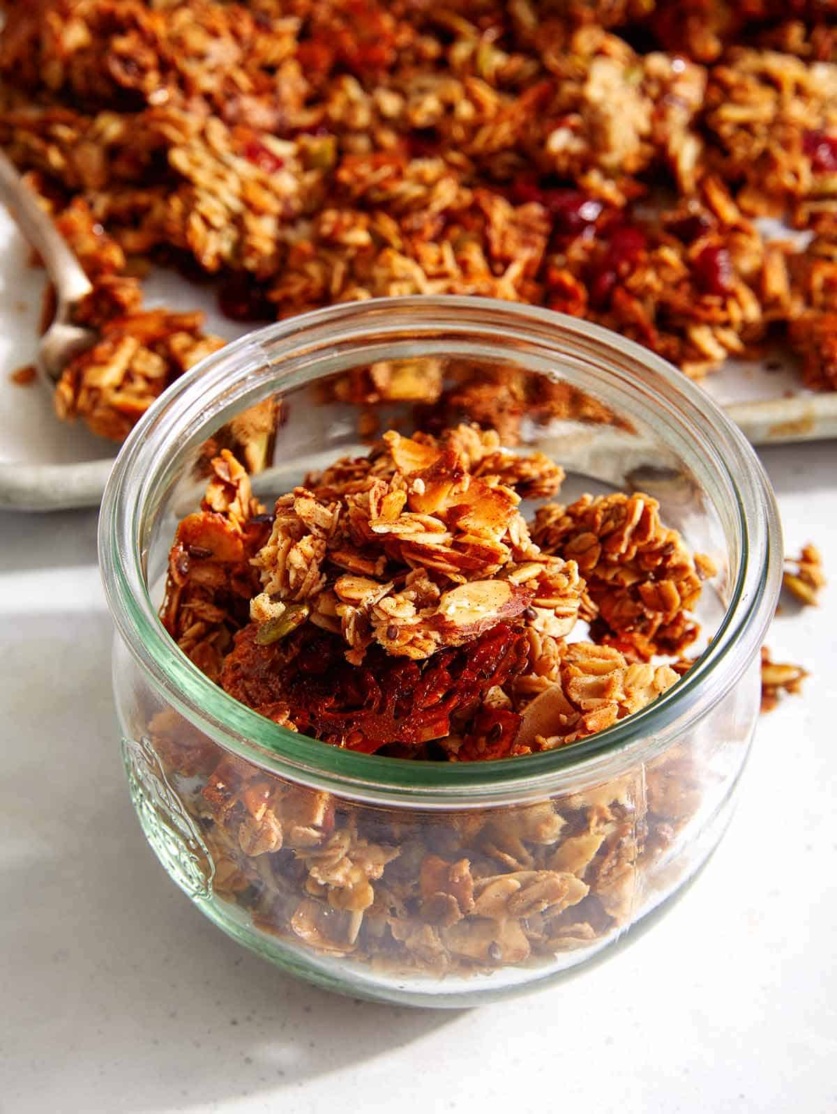 Homemade granola recipe in a jar.