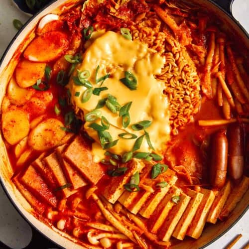 Korean Army Stew or Budae Jjigae in a pot ready to be served.