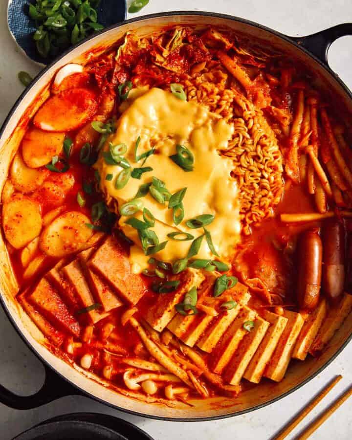 Korean Army Stew or Budae Jjigae in a pot ready to be served.