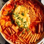 Korean Army Stew or Budae Jjigae in a pot ready to be served.