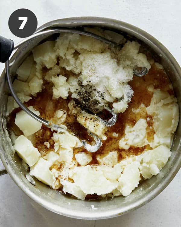 Mashed potatoes in a pot for Colcannon recipe.