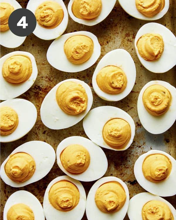 A tray of made deviled eggs.