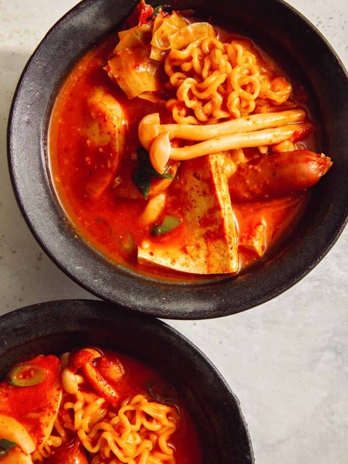 Budae Jjigae in two bowls.