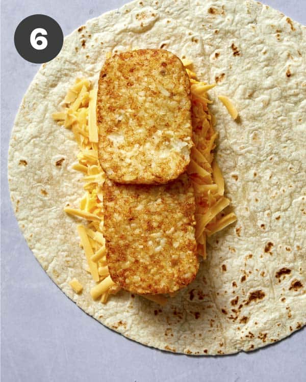 Hash browns in a breakfast burrito.