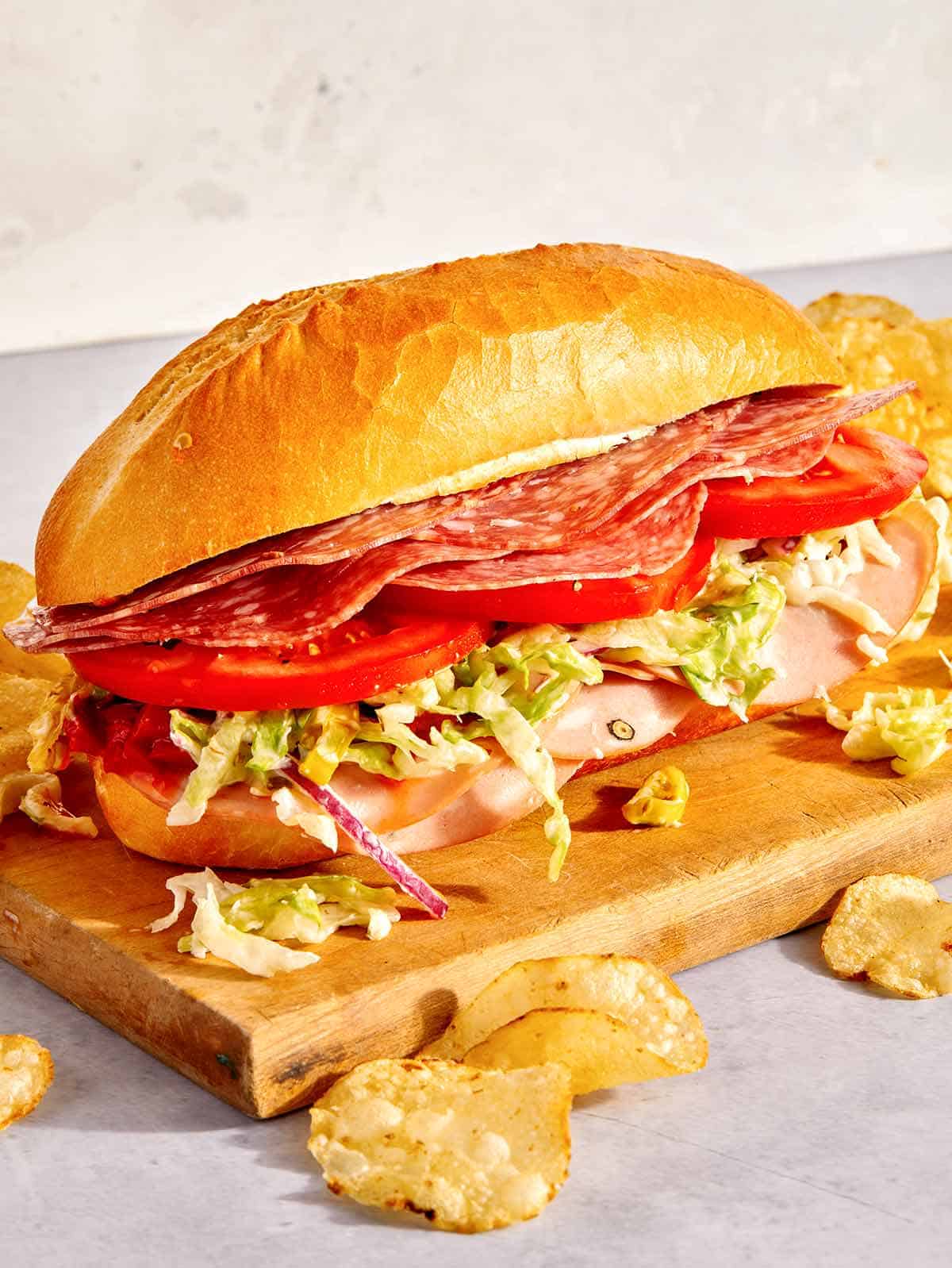 An Italian Grinder sandwich on a cutting board with chips next to it. 