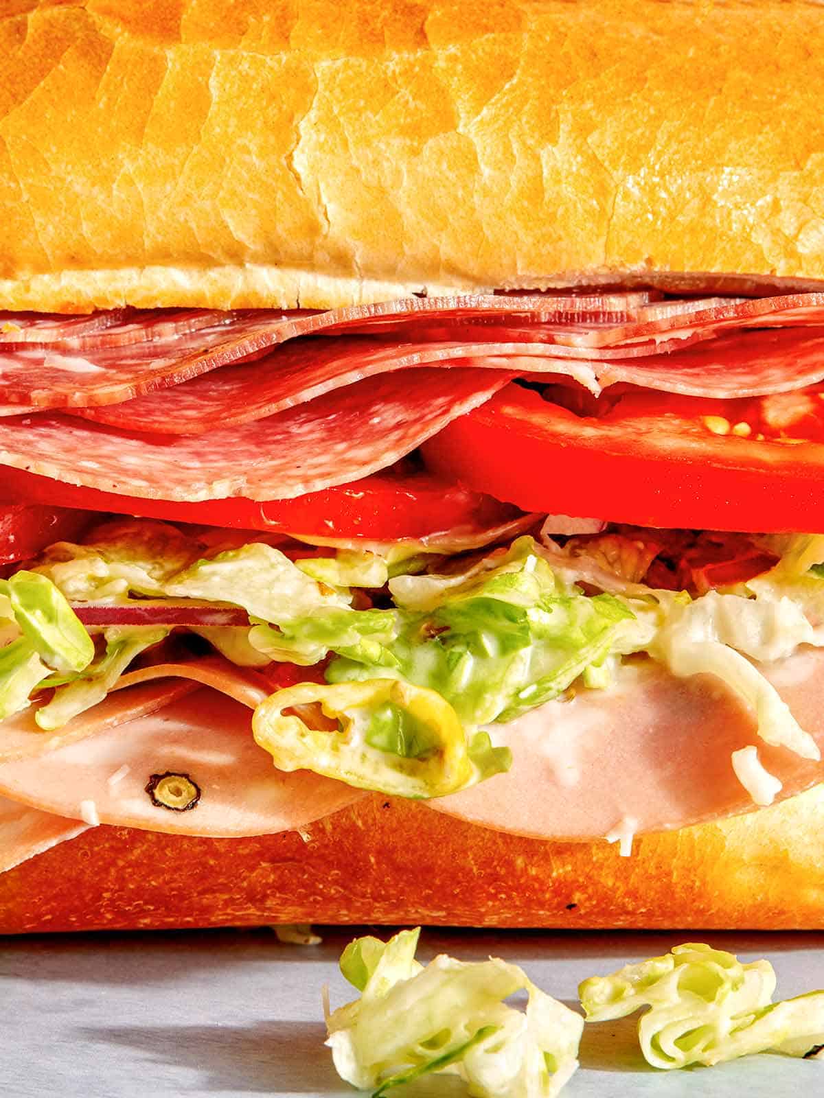 Up close on the detail of a grinder sandwich.