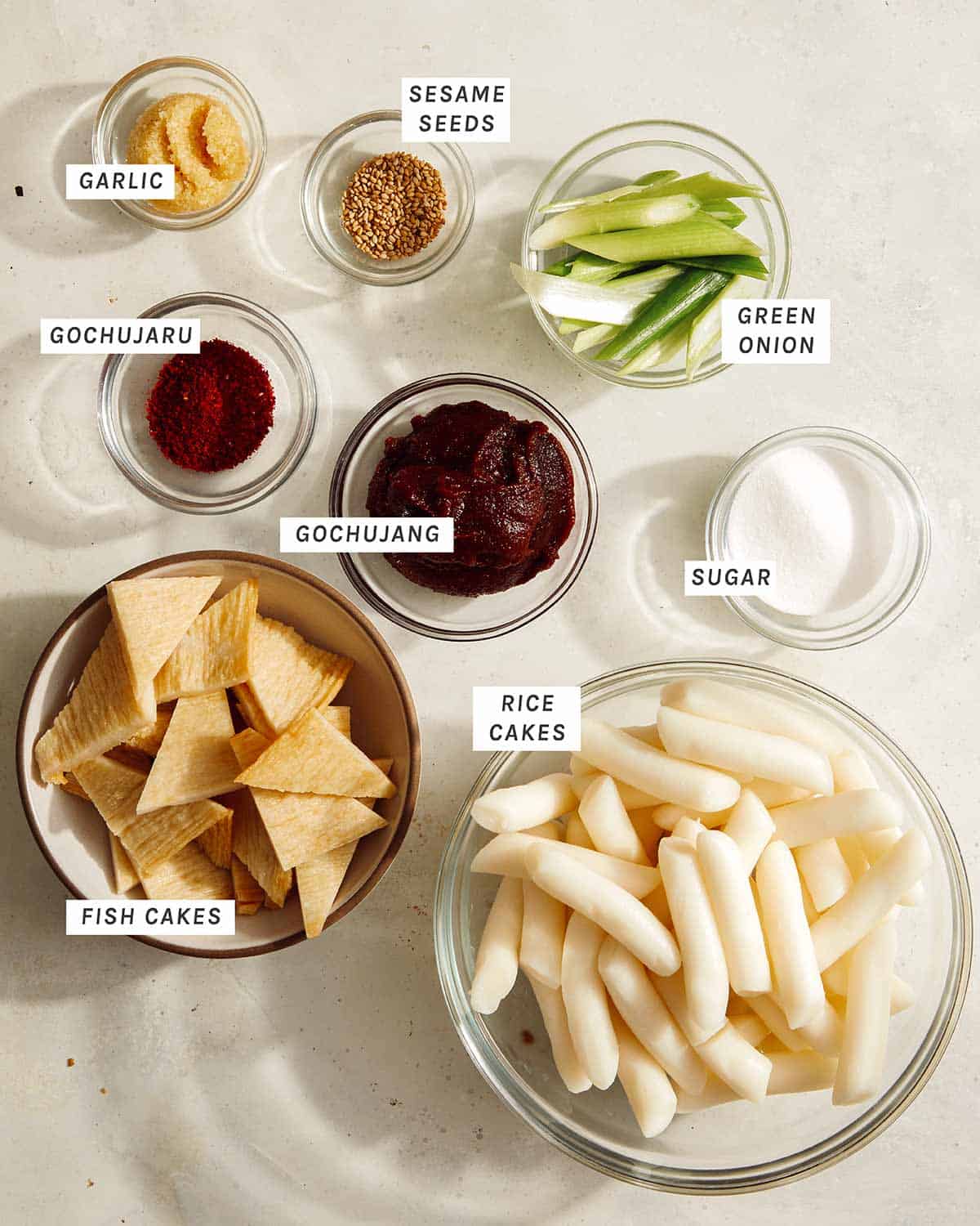 Tteokbokki recipe ingredients laid out. 