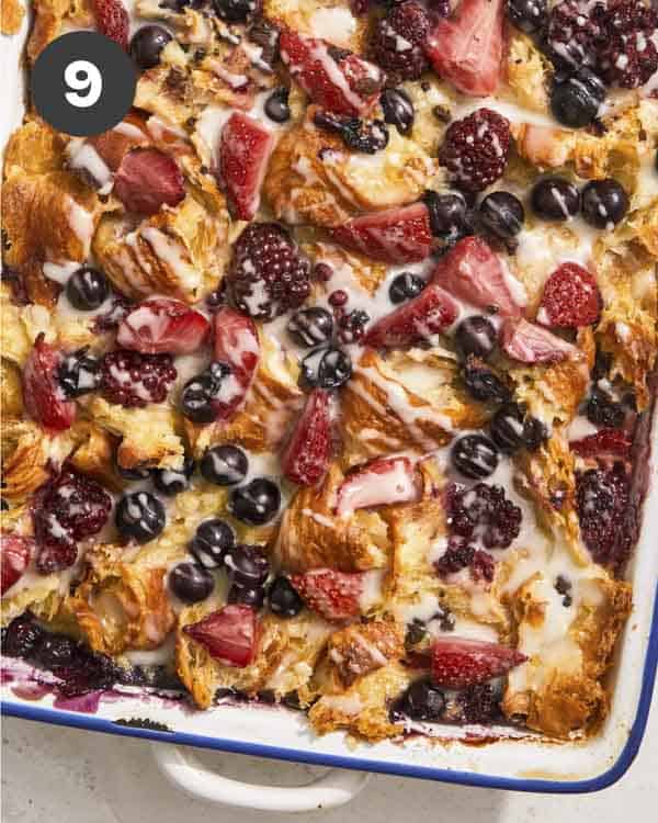 Bread pudding in a baking dish. 
