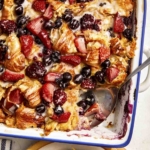 Triple berry bread pudding recipe card.