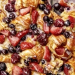 Triple berry bread pudding close up.
