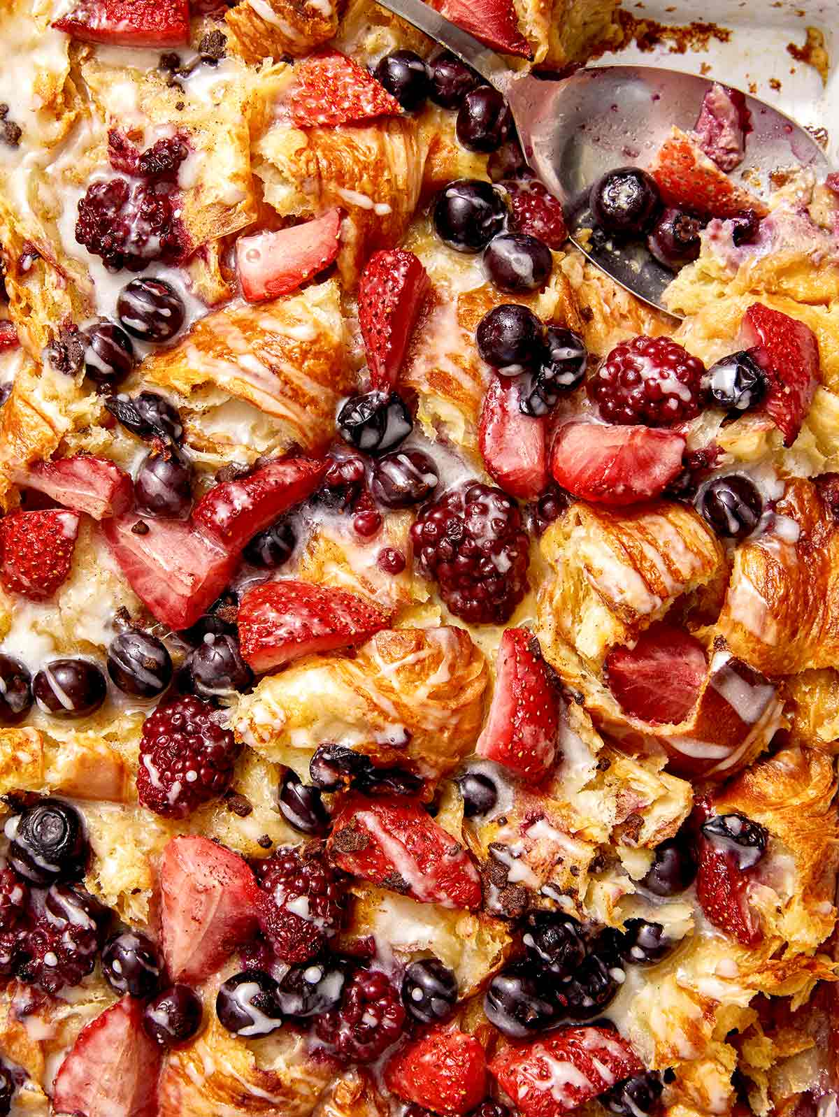 Triple berry bread pudding close up. 