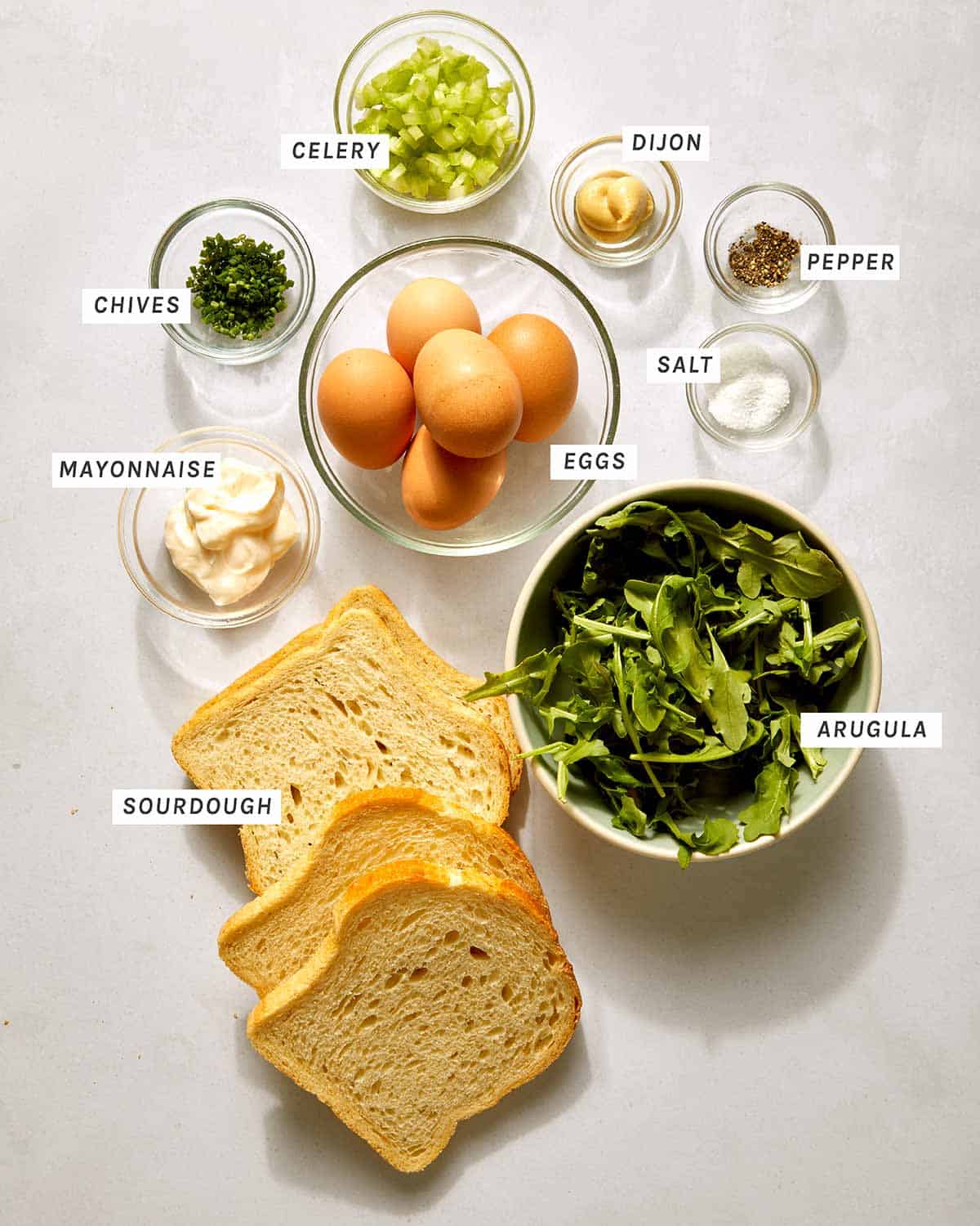 Ingredients to make an egg salad sandwich. 