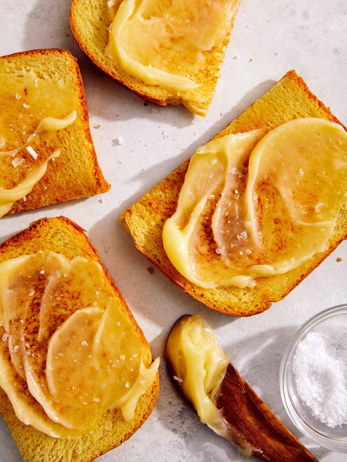 Honey butter smeared on toast. 