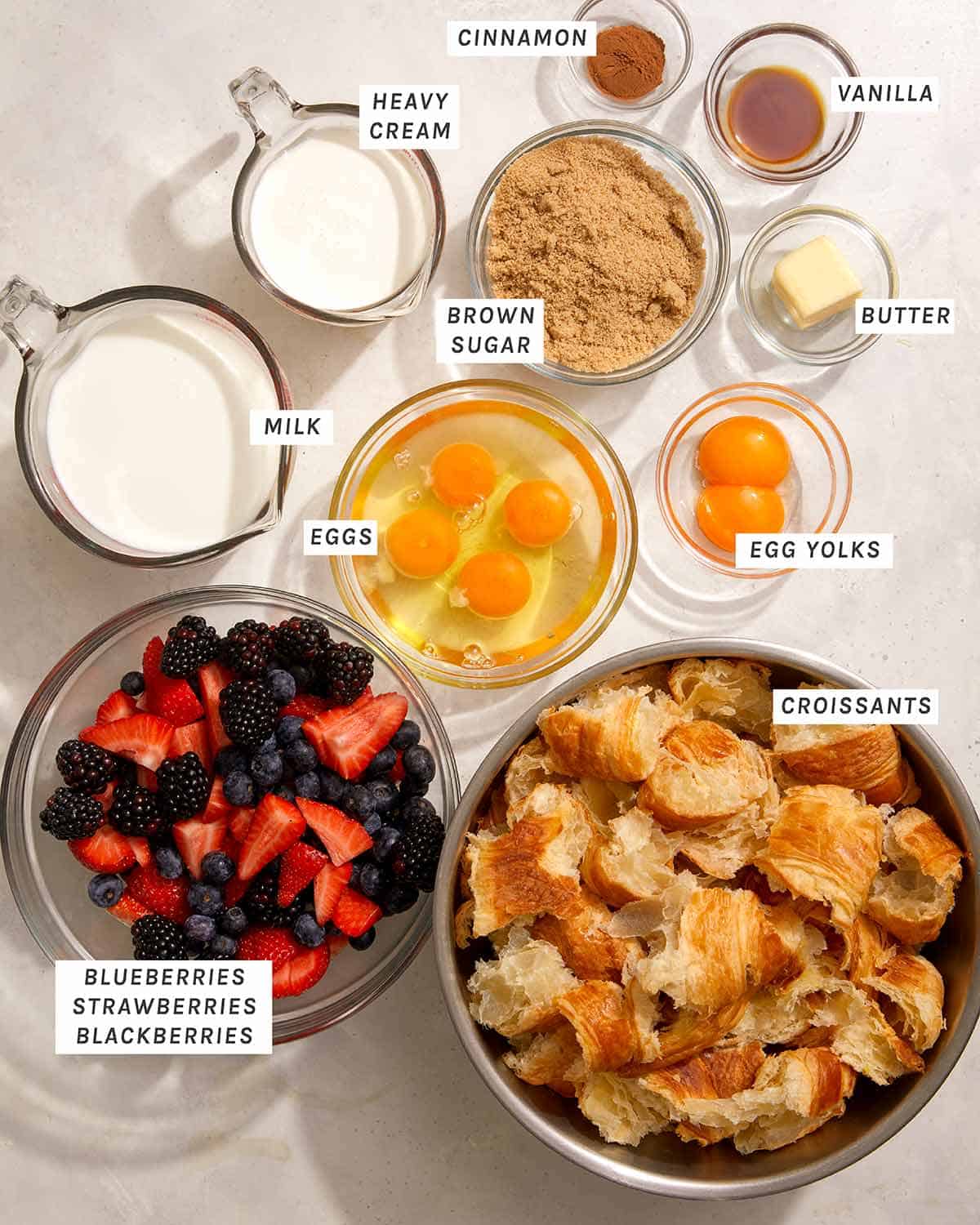Ingredients to make triple berry bread pudding. 