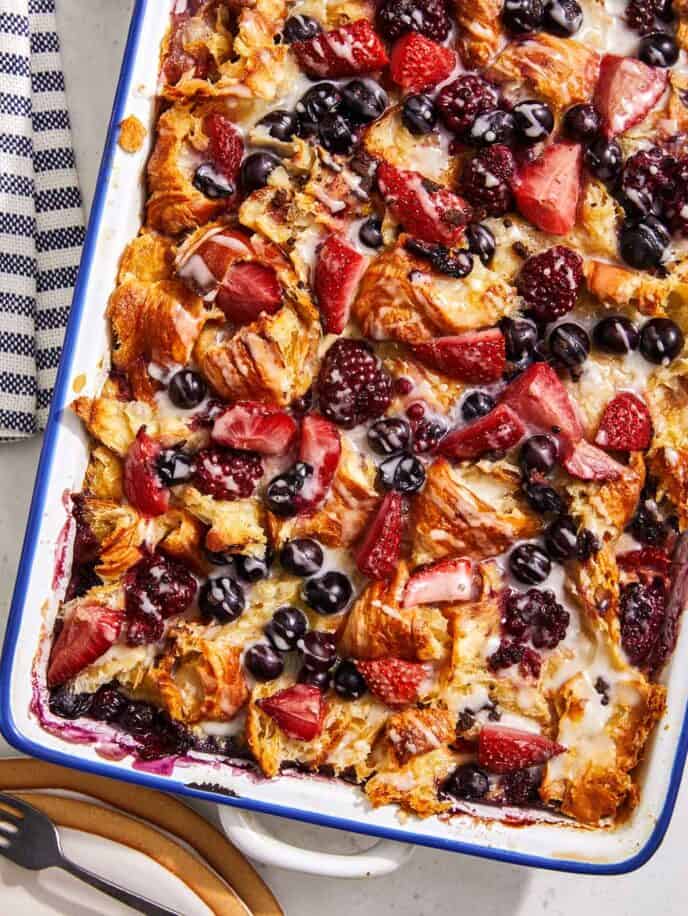 Triple berry bread pudding with glaze on top.