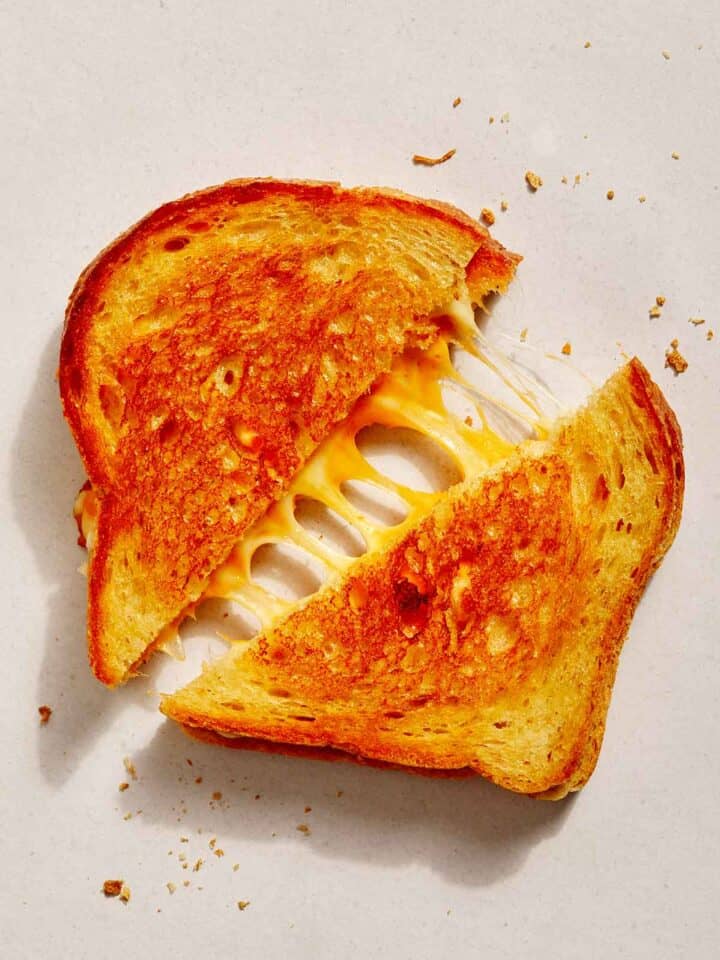 Perfect grilled cheese recipe cut in half.