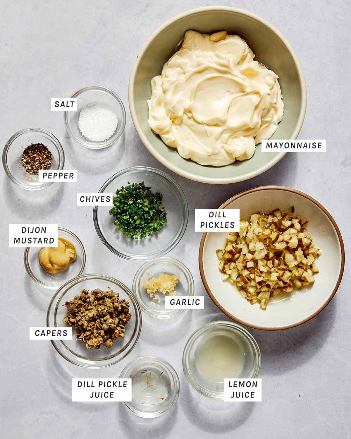 Ingredients to make tartar sauce.