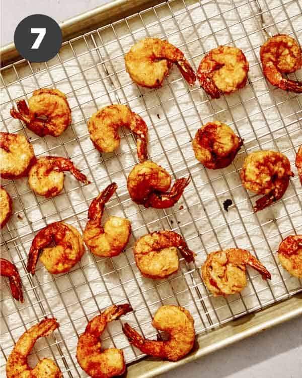 Bang bang shrimp recipe on baking sheet. 