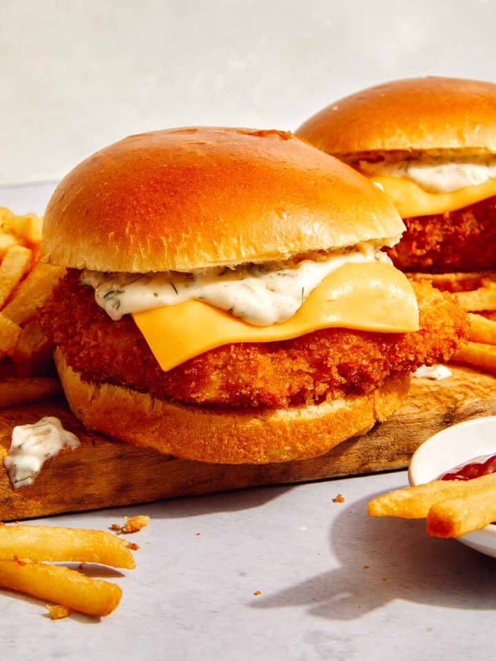 Filet o fish recipe sandwich on a board.