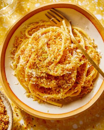 Garlic Lemon Pasta recipe in a bowl with a fork.